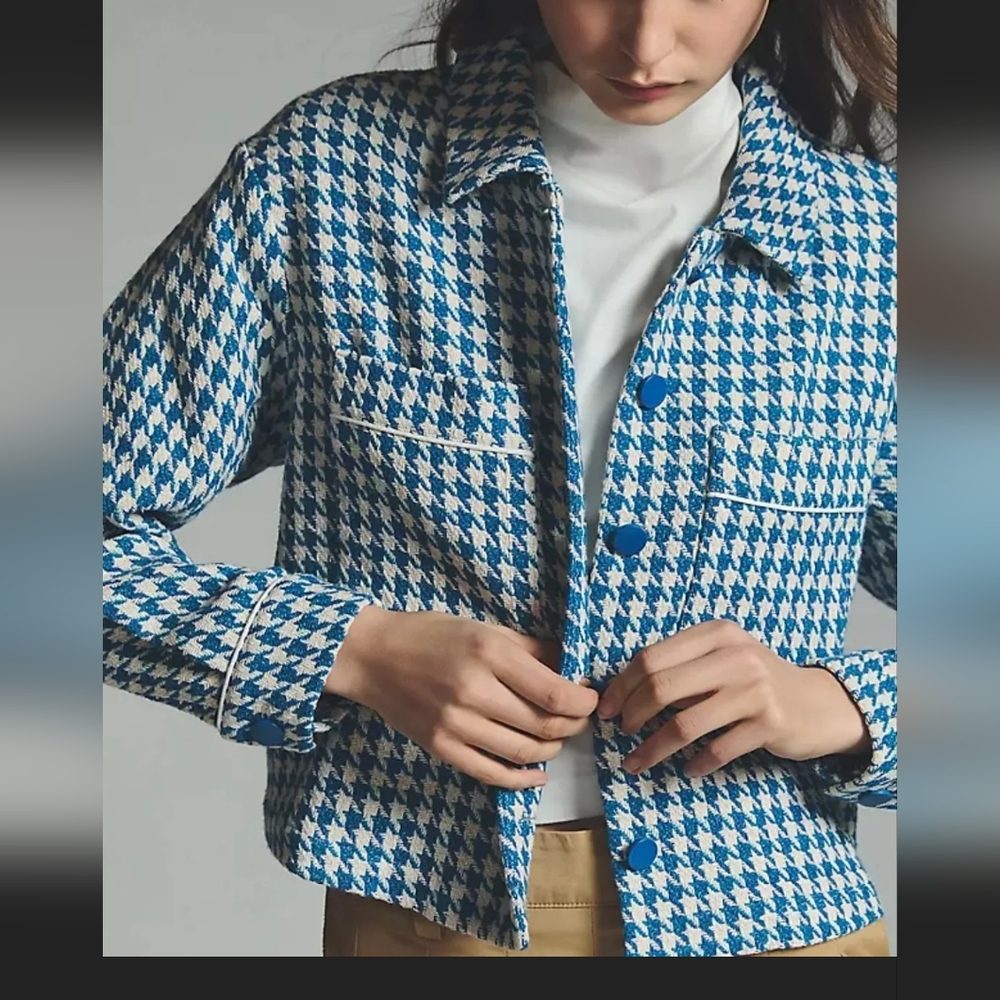 NWT Dolan Anthropologie - Cute Houndstooth Blue Cropped Jacket - Size S - Picture 3 of 7